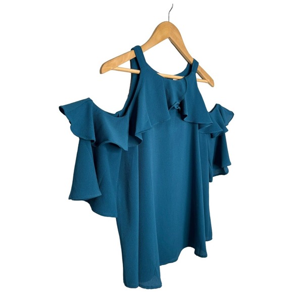 Umgee Cold Shoulder Ruffle Neck Short Sleeve Jade M - Picture 2 of 12